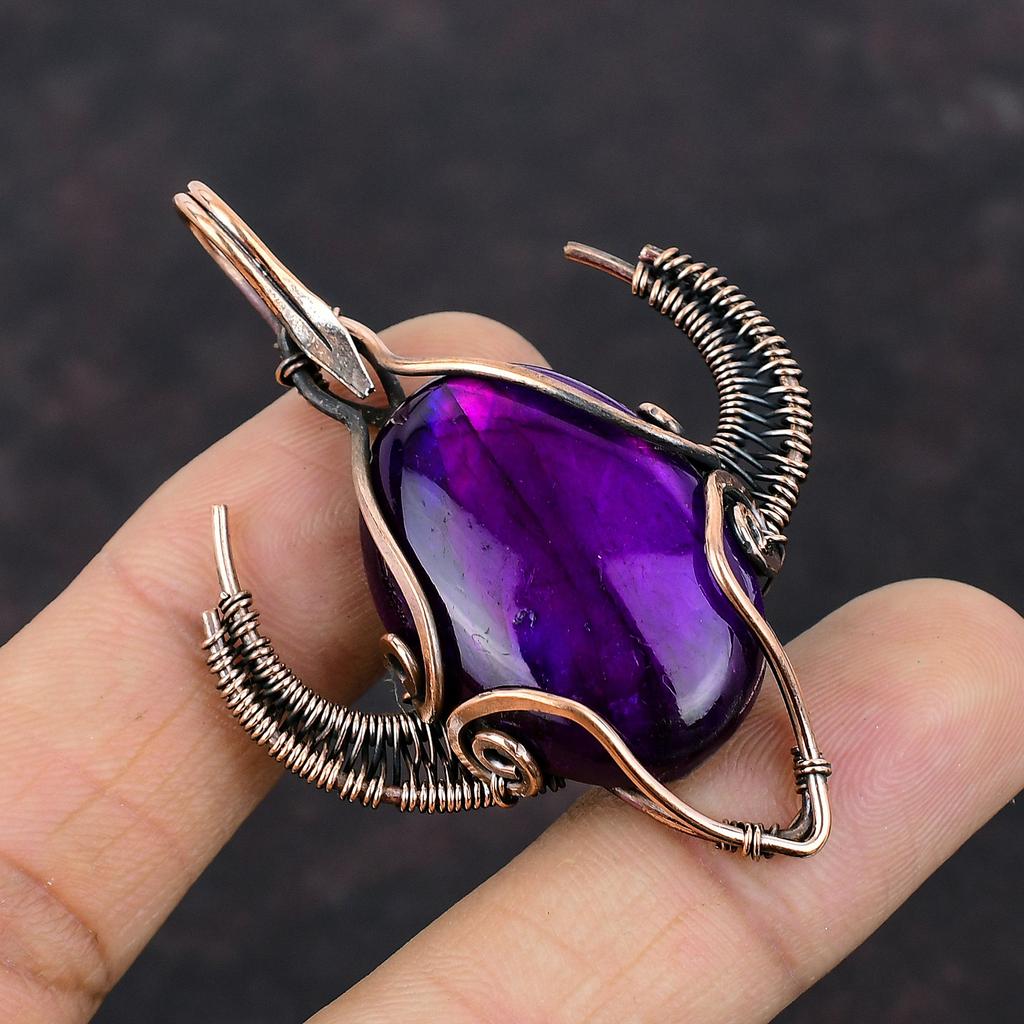 Подвеска из фиолетового огненного лабрадорита, медная проволочная обертка, подвеска ручной работы в форме бычьей морды, изящная подвеска из драгоценного камня, медные украшения для подарка
