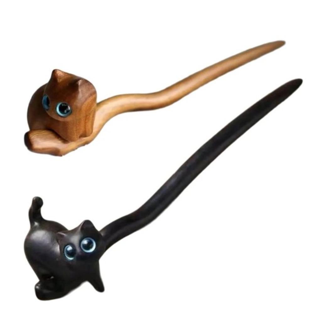 Vintage Sandalwood Cat Hairpin Wooden Blackwood Kitty Hair Stick Antique Boys/Girls