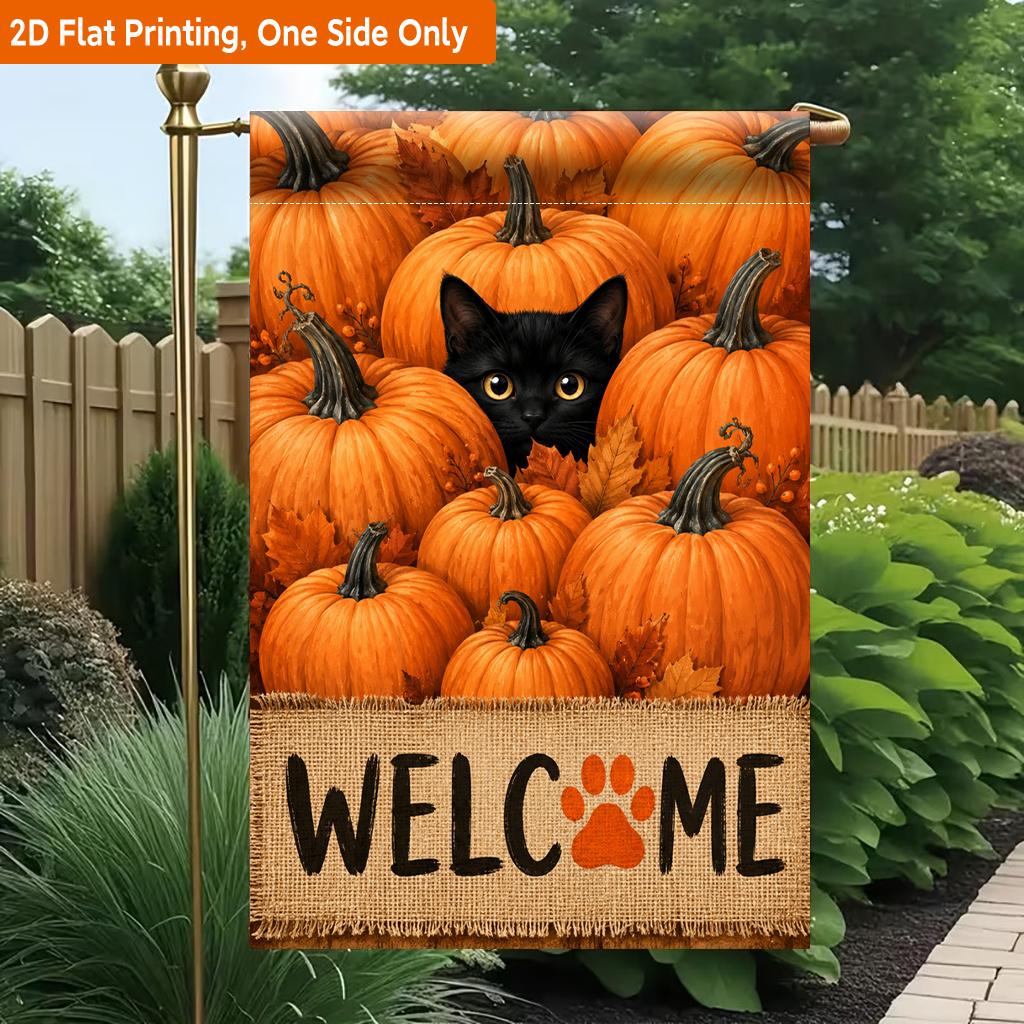 2D Flat, 2D Flat Printing Garden Flag 1pc, Pumpkin And Black Cat Scene Durable Single-Sided Print Yard Flag, Garden & Home Holiday Decoration, 29.97x4