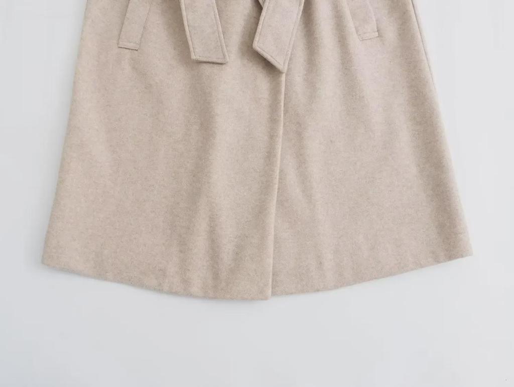 2024 Spring European & American Women's Solid Color Hooded Mid-Length Belted Woolen Coat