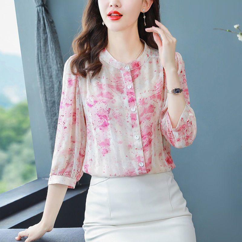 Летняя новая цветочная шифоновая рубашка женская свободная рубашка с семью рукавами стильная рубашка