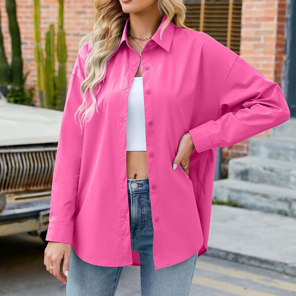 Women's Fashion Solid Color Loose Casual Single-Breasted Long Sleeve Shirt