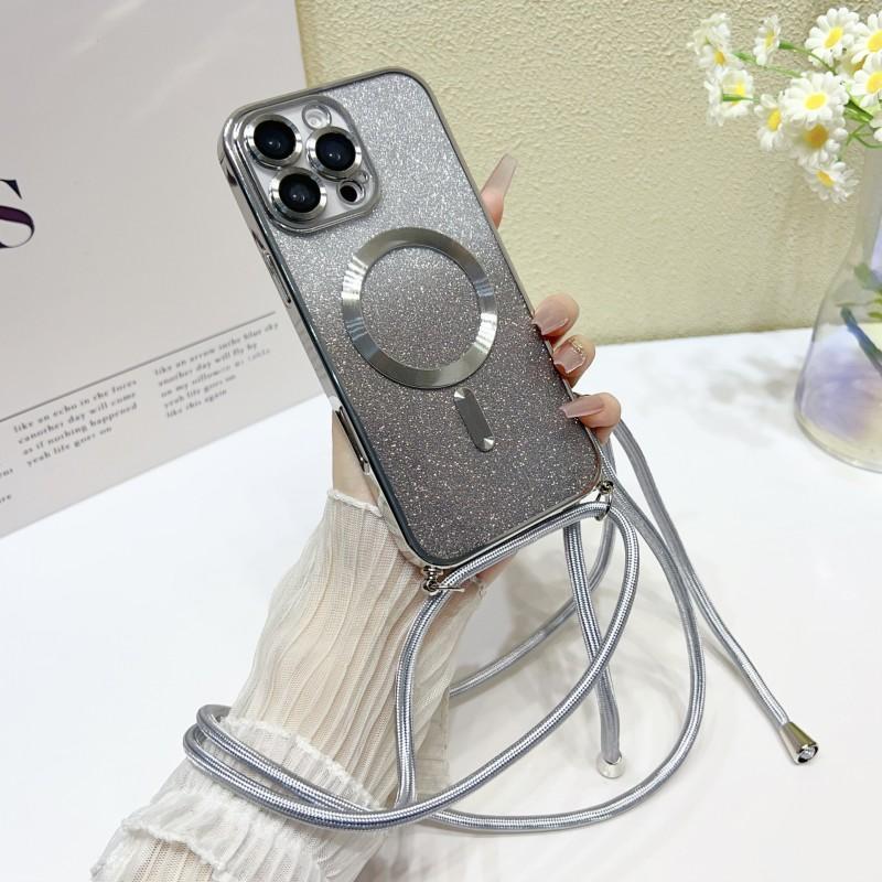 Магнитный чехол со шнурком-ремешком для Samsung S25 Ultra Galaxy S24 FE S21 S26 S22 S23 Plus A56 Беспроводная зарядка Блестящее покрытие Чехол-сумка на ремешке через плечо