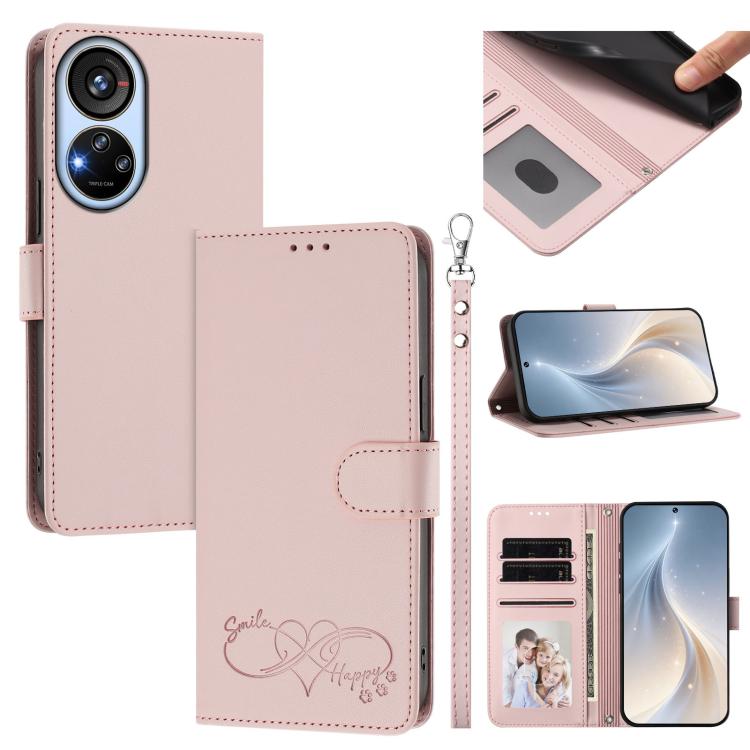 Happy Heart Pattern Magnetic Closure Vegan Leather Phone Case With Wrist Strap For ZTE Blade A56 4G