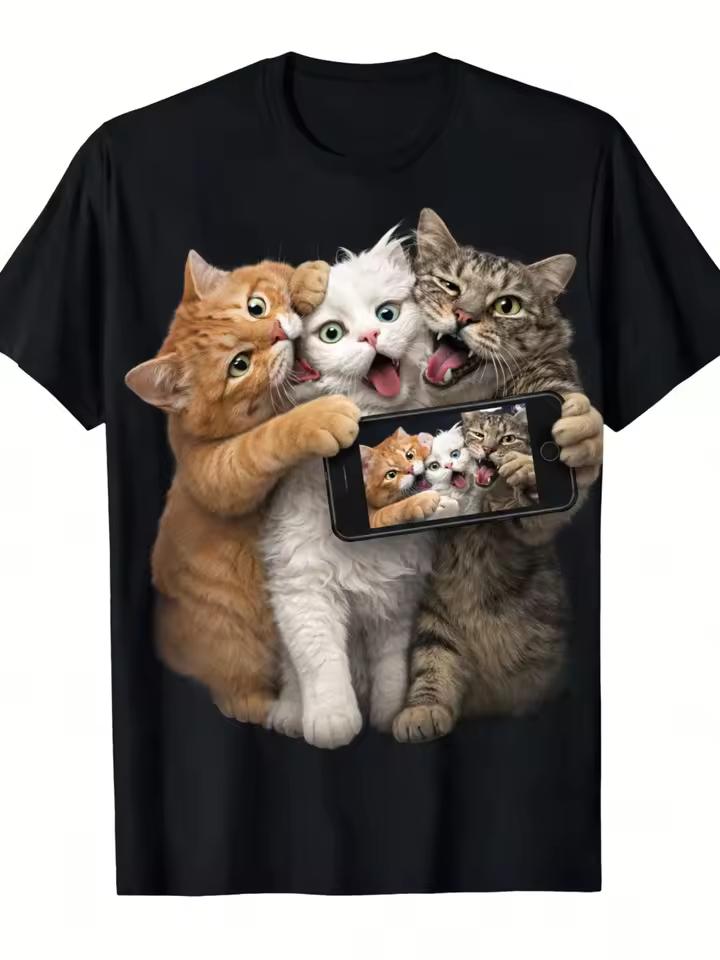 Humorous Cat Pattern T-shirt Summer unisex Loose and Breathable cotton T-shirt Top