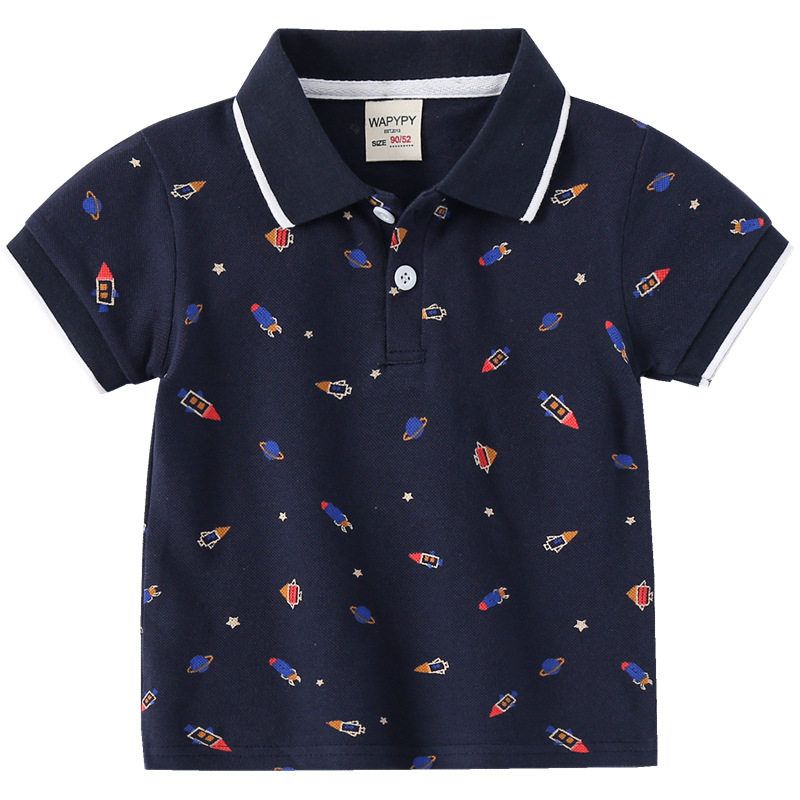 Boys' Half-Sleeve Polo Shirt, Summer Children's Clothing, Kids' Short-Sleeve T-Shirt with All-Over Dinosaur Print, Baby Boy Rocket Shirt