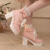 Women's Platform Ankle Boots with Lace Pearl Chain Bow Gorgeous Comfortable Chunky 9cm High Heel Goth Combat Boots Back Zipper