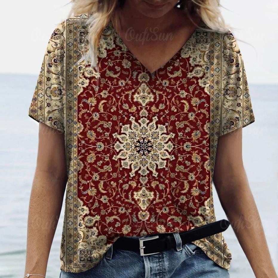 New Women T-shirt Ethnic Pattern Print Oversized Women's Trending Clothing Fashion Short Sleeve Shirt Women V-Neck Blouse 2024