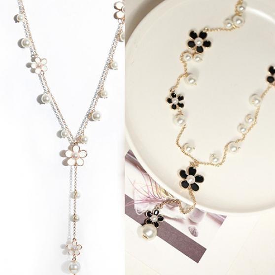 Women's Fashion Korean Style Faux Pearl Flowers Long Necklace Sweater Chain AVE