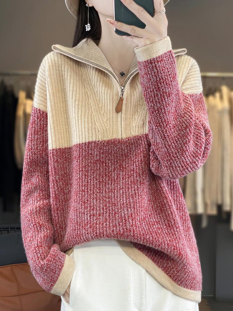 Color Block Wool Cashmere Sweater - Women's High-End Knitted Half-Open Collar Top