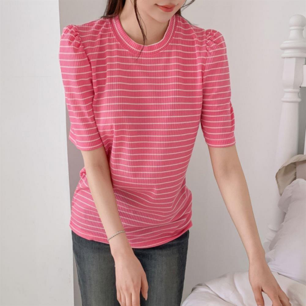 New ArrivalS Open Run Women S Stripe Summer Knit Shirring Short Sleeve Round Ne