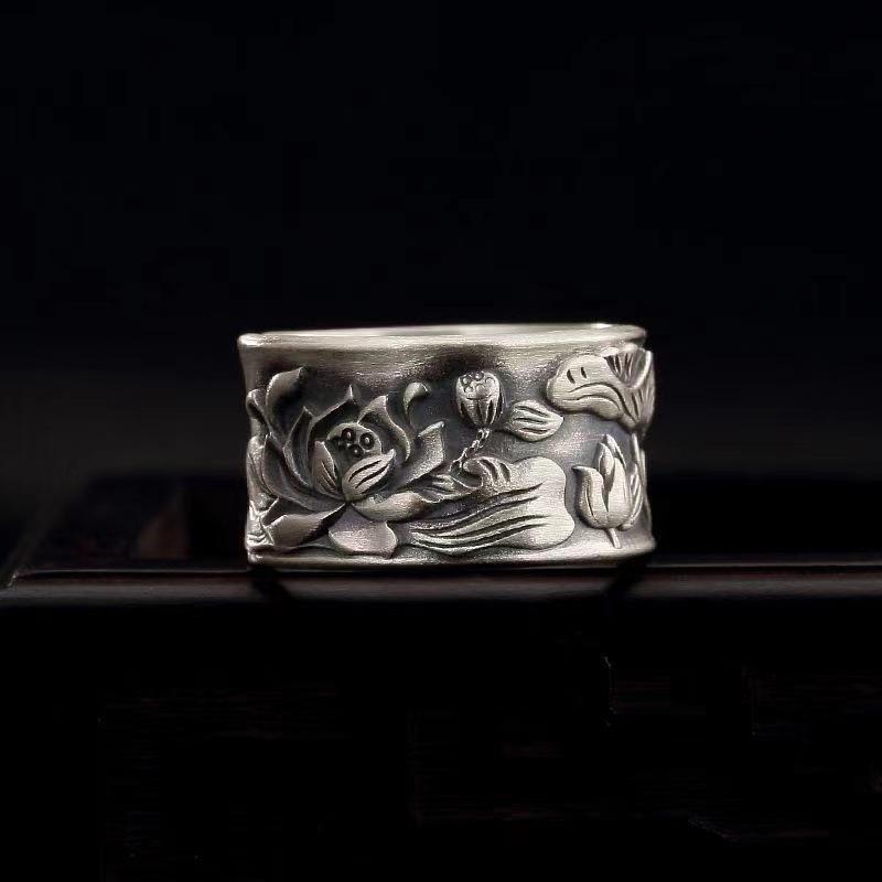 Lotus Leaf Heart Sutra Ring for Men and Women Open Retro Trendy Lotus Ring Wide Face