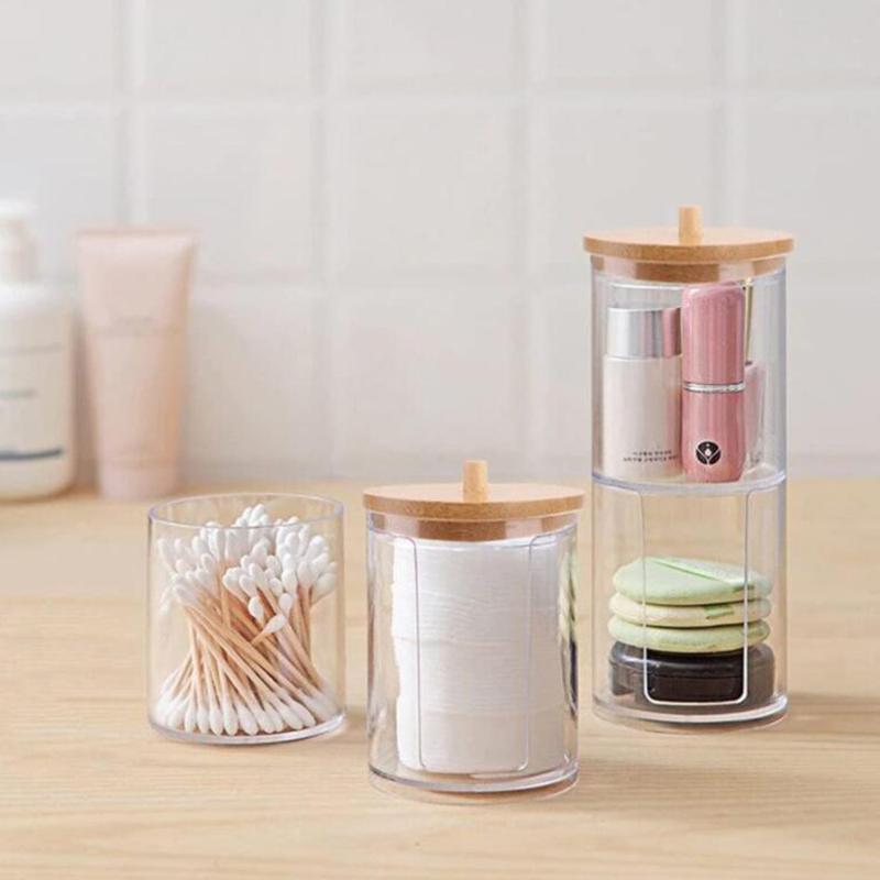 1PC Acrylic Storage Box Bathroom Jar Makeup Organizer Cotton Round Pad Holder Cotton Swab Box Qtip Holder Dispenser with Bamboo Lid