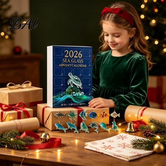 Kids Countdown Calendar 2026 Christmas Advent Calendar, 2D Acrylic Marine Animals Pendants, Home Interior Decor 24 Day Box, Window Tree Hanging