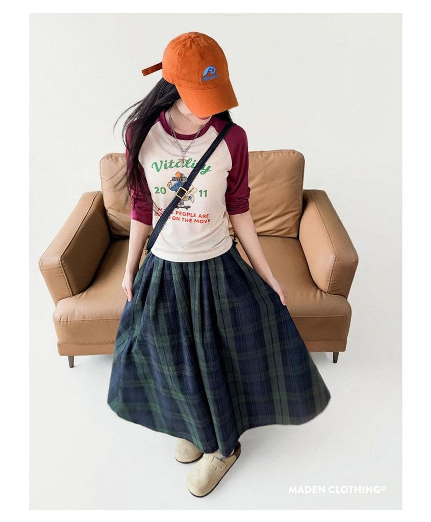 Maden Ретро Хлопковая Марля Клетчатая Макси Юбка: Эластичная талия, текстурированный дизайн-зонт А-силуэта для женщин