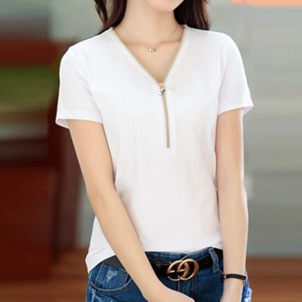 NaVaVa NT2346 Simple Zip PoinT V Neck ShorT sleeVe T shirT