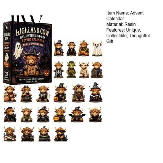 Halloween Countdown Gift Box Highland Cow Advent Calendar, 24 Days Creative with 24Pcs Figurines, Spooky Decorations