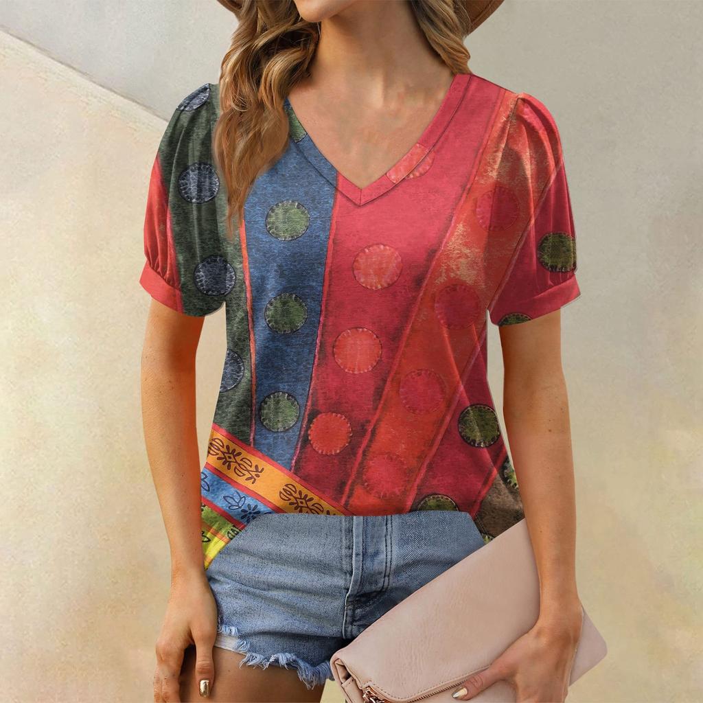 Женская модная футболка с коротким рукавом и V-образным вырезом, с принтом в стиле пэчворк, с цветными блоками, свободная повседневная футболка