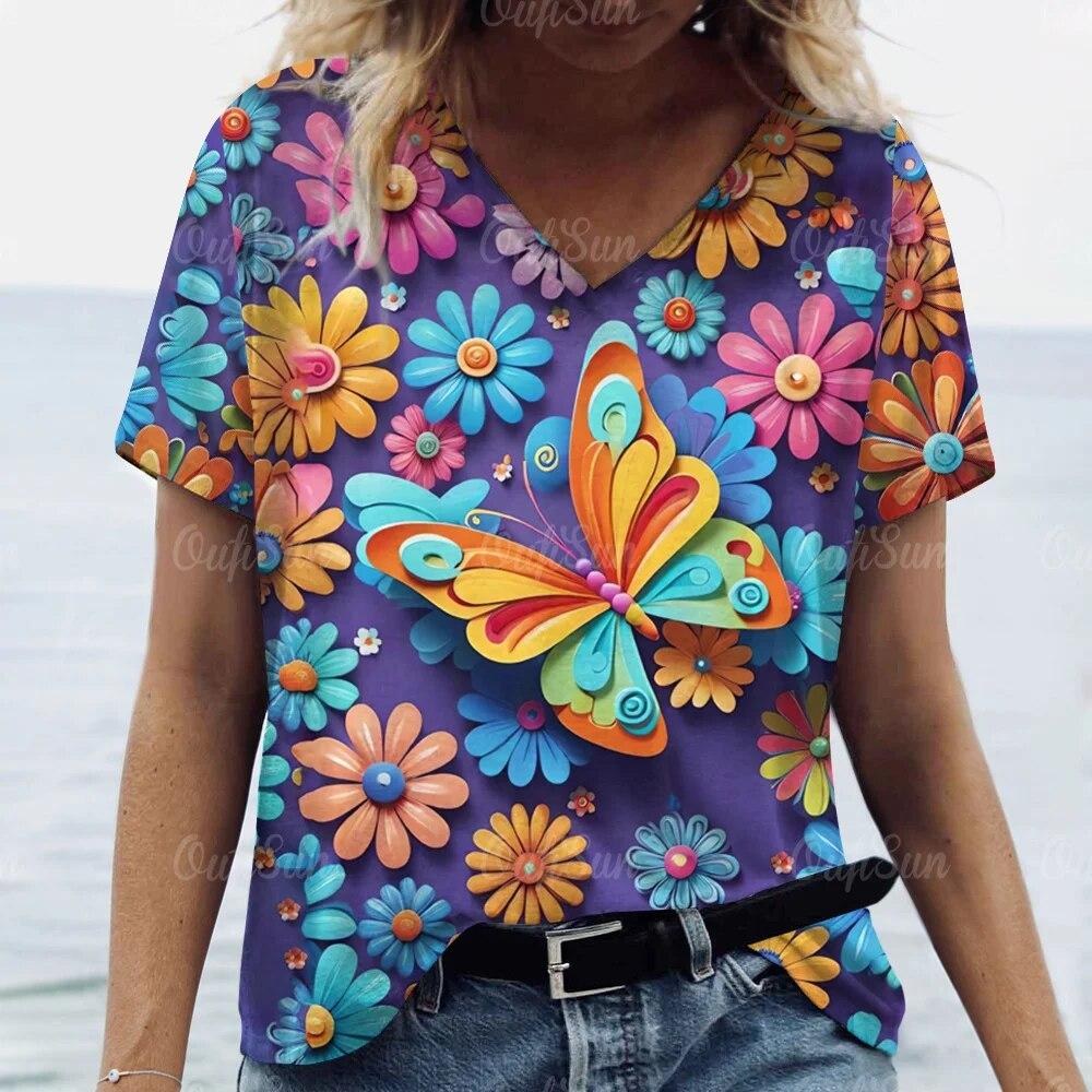 Топ женская футболка летняя мода с цветочным принтом бабочки футболки с короткими рукавами футболка с v-образным вырезом для женской одежды больших размеров