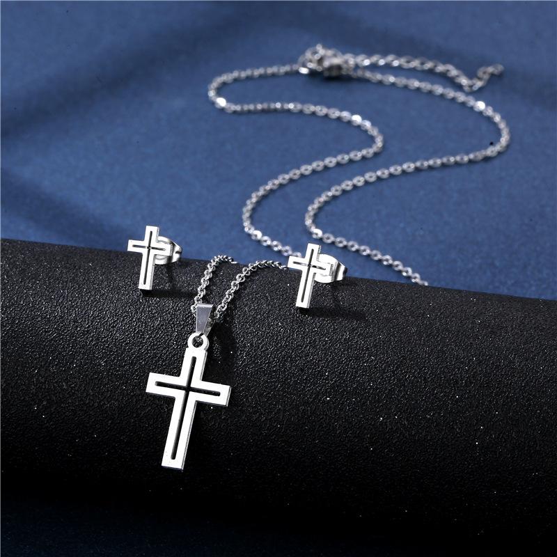 316L Charm Punk Necklace earrings set Women Lover's Cartoon Cross Silver Pendant earring Necklace Jewelry
