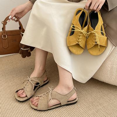 Модные босоножки с открытым носком и ремешками, женские, летние, новая мода, универсальные, винтажные, с квадратным носком, на шнуровке, на мягкой подошве, плоские, для улицы