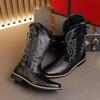 Men Embroidered Long Leather Boots PU Low Heeled Square Toe Knight Boots with Deep V-cuffed Men Boots Large Size 38-48