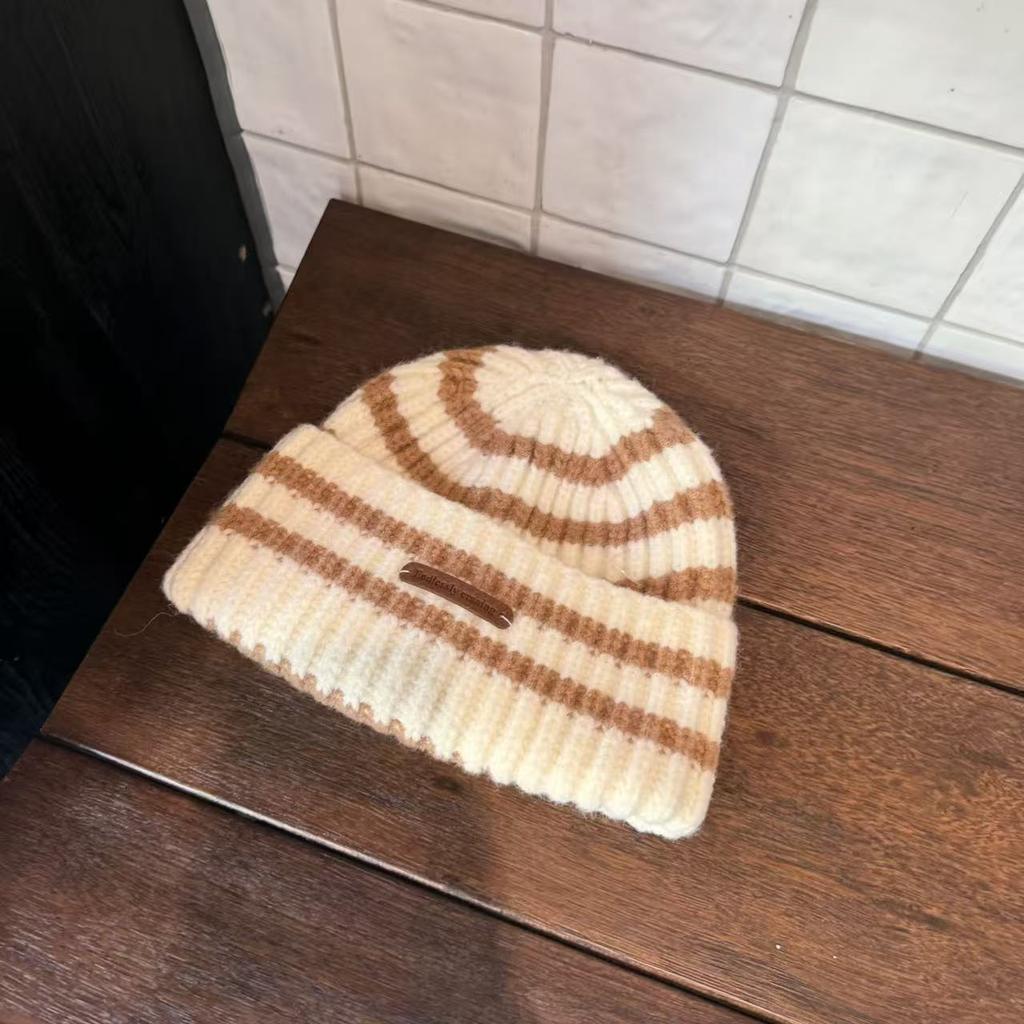 Japanese striped versatile wool hat women's autumn and winter hat trendy loose ear protection warm knitted couple Korean version hat