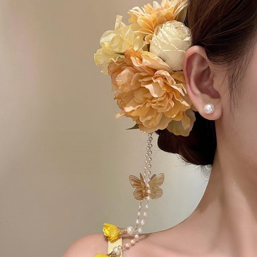 Elegant Design Flower Hairpin Pink Floral Headdress Tassel Hanfu Hair Accessories Party Wear
