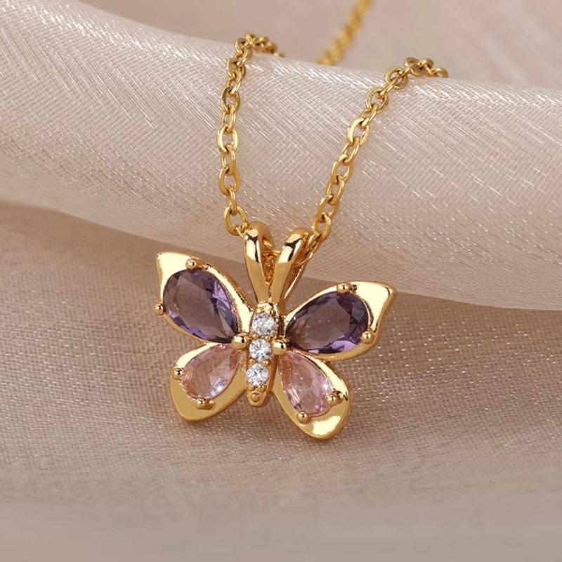 Pink Zircon Butterfly Necklace Female Versatile High Sense Light Luxury Temperament Titanium Steel Amethyst Collarbone Chain