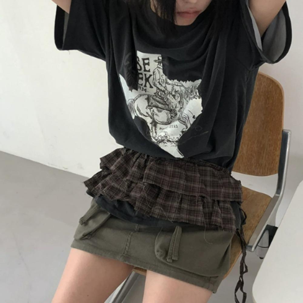 Hip-hop Layer Outfits Plaid Skirt Shirt Extender Ruffled Edge Waistband Jeans Decor
