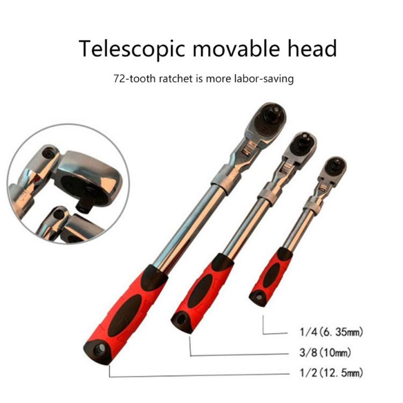 72-Tooth Extendable Flex-Head Ratchet Wrench 1/4 3/8 & 1/2-Inch Drives Carbon Steel Auto Mechanics/Confined Spaces