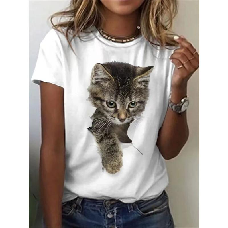 Футболка с принтом 3D Cat размера плюс, повседневная футболка с круглым вырезом и коротким рукавом, женская одежда больших размеров