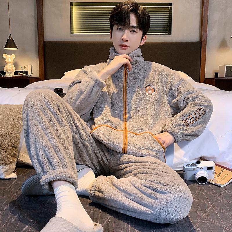 Зимняя мужская фланелевая утепленная теплая пижамная одежда с застежкой-молнией, брюки с длинным рукавом, домашняя одежда для молодых мальчиков, пижамы