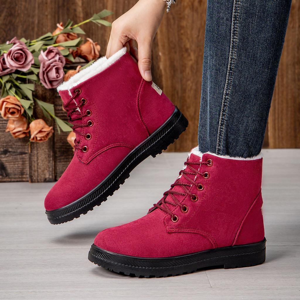 Модные зимние замшевые ботильоны для женщин на шнуровке, короткие коричневые женские ботинки с мехом, теплая хлопковая обувь, женские повседневные ботинки на платформе, зимние ботинки для снега для женщин