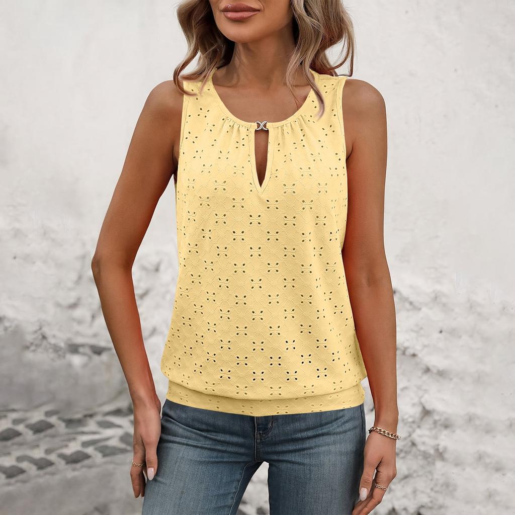 Женская модная однотонная футболка без рукавов с пряжкой и круглым вырезом