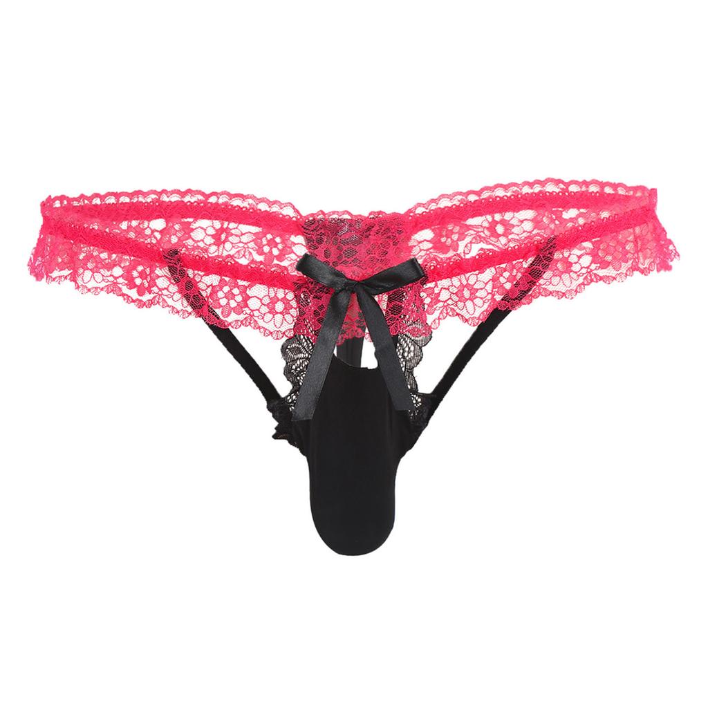 Mens Floral Lace Elastic Waistband Thong Sissy Underwear Contrast Color Bowknot Bulge Pouch G-string Cutout T-back