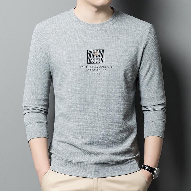 Весенняя футболка с длинными рукавами, мужская футболка с круглым вырезом, повседневная вафельная футболка для мужчин для молодежи и среднего возраста