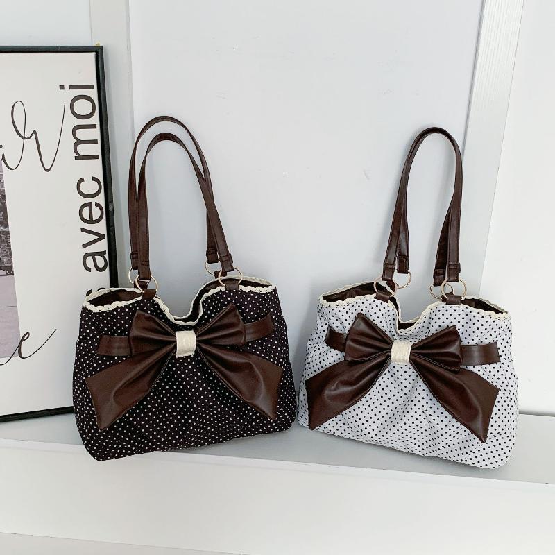 Vintage Bow Women Underarm Bag Aesthetic Dot Print All Match Lady Shoulder Bag Trendy Streetwear Casual Handbag