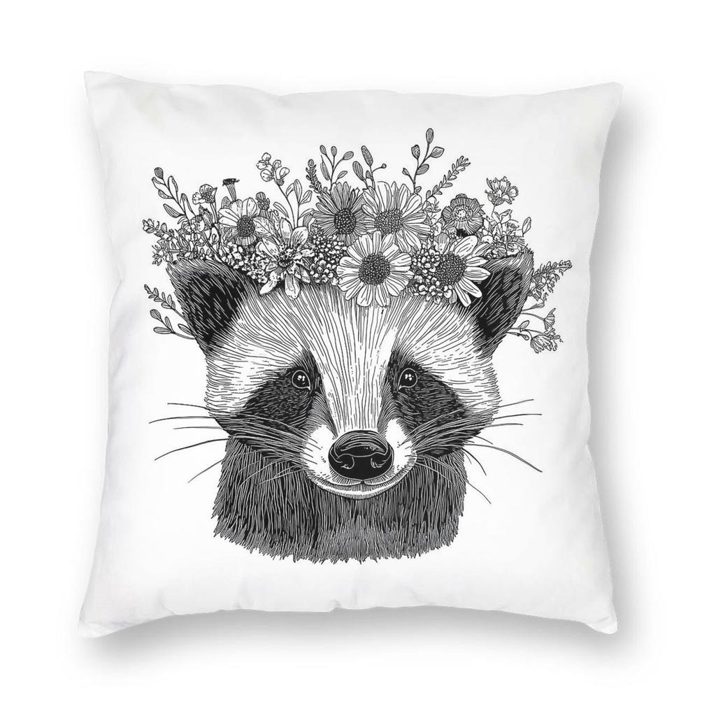 Badger Wearing Flower Crown Square Pillowcase Polyester Linen Velvet Printed Zip Decorative Pillow Case Home Cushion Cover