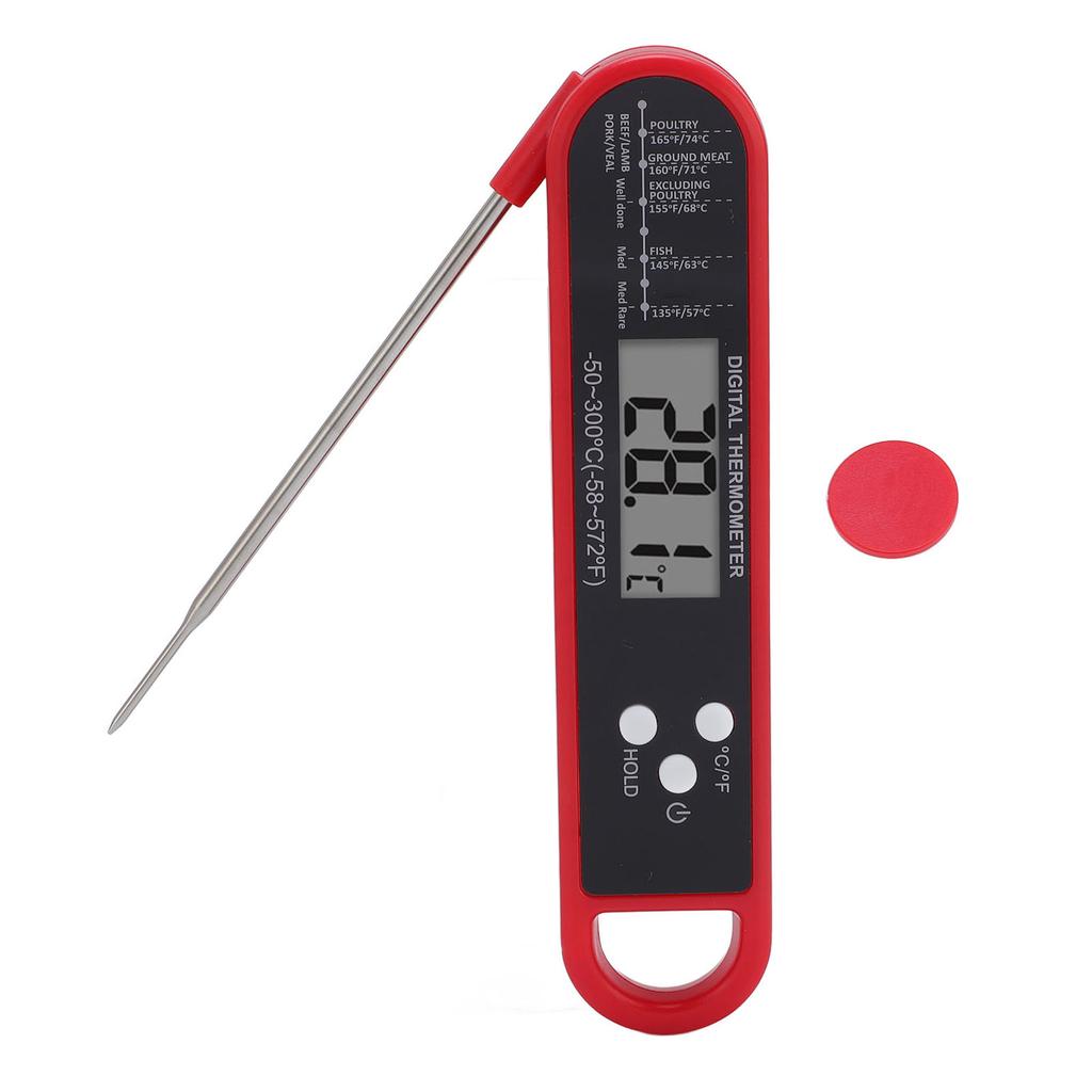 Red Folding Food Thermometer Long Probe Digital Meat Thermometer for Grilling and Baking