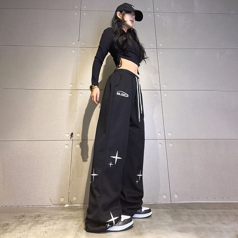 Черные спортивные штаны для бега в стиле Харадзюку со звездным принтом, женские базовые спортивные брюки с широкими штанинами в корейском стиле, большие спортивные штаны Kpop для бега