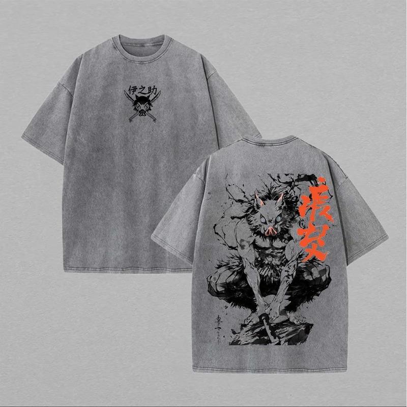 Japanese Anime Demon Slayer Inosuke Print Washed T-shirts Men's Women's Pure Clothing Harajuku Streetwear Cotton