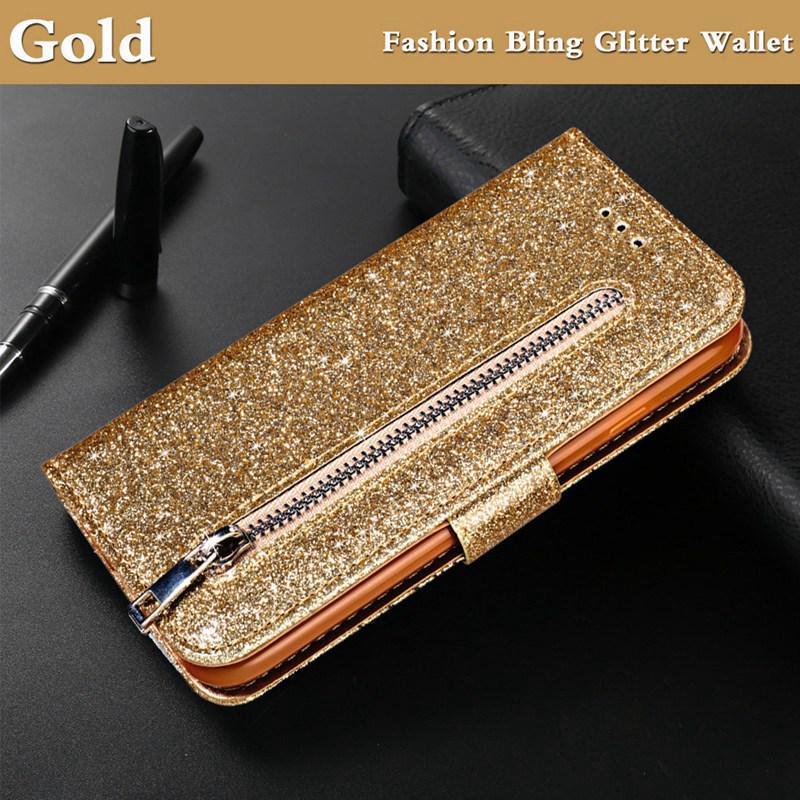 Чехол-кошелек с блестящими кожаными откидными чехлами на молнии, сумка для телефона для iPhone Samsung Xiaomi Redmi Huawei Honor