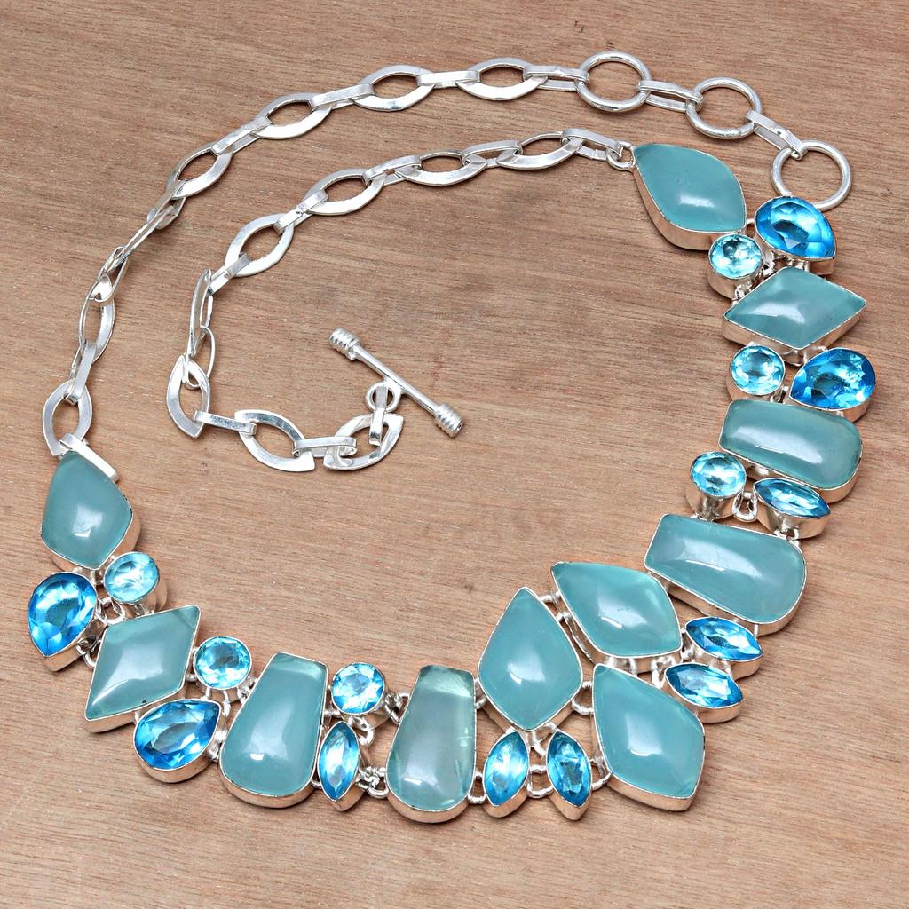 Ожерелье Синий Халцедон SwiBlue Драгоценный Камень Подарок На День Рождения Ювелирные Изделия 18-20''