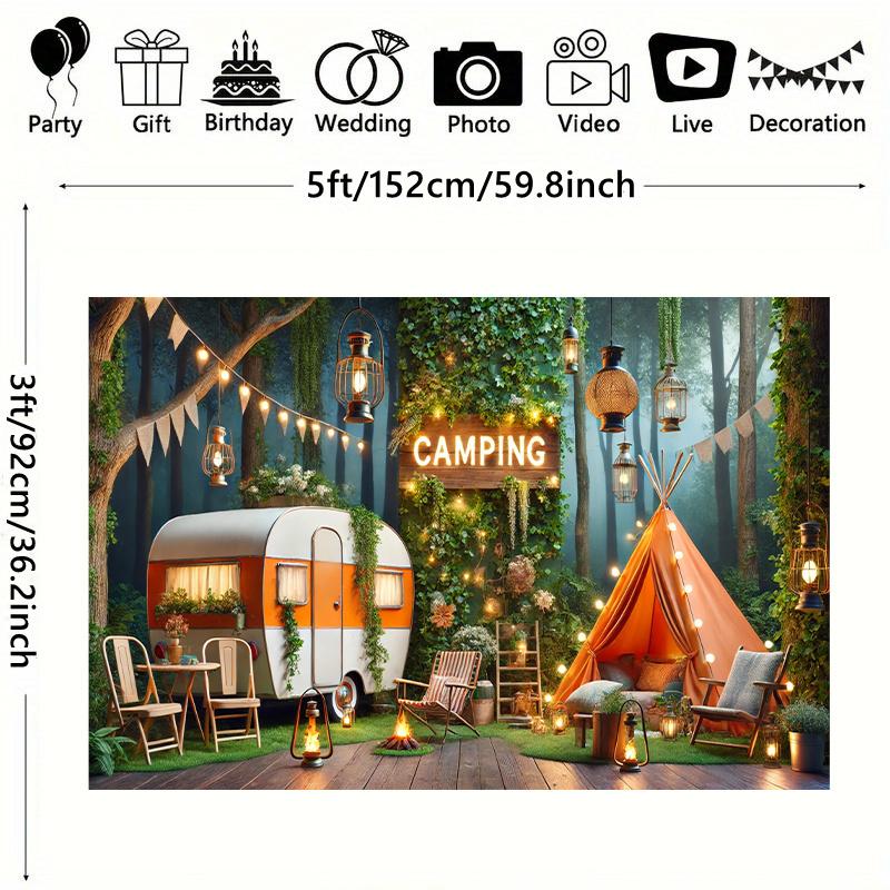 Camping forest scene background banner, multi-purpose photo background, with wall hanging signs, suitable for weddings