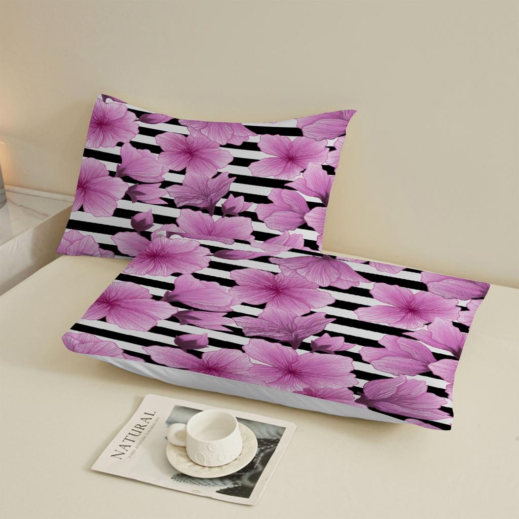 3pcs Fitted Sheet Set Pink Roses On Black And White Stripes Bed Sheet With Pillowcases For Bedroom Decor