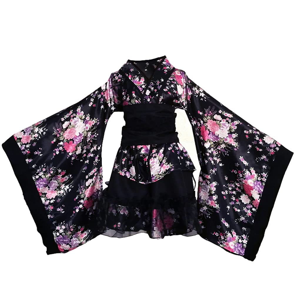 Горничная Ойран Кимоно Косплей Сакура Японский Узор Юката Мини Юбка с Бантом Хэллоуин Костюм Лолита Одежда [YuanD] (Черный, С)