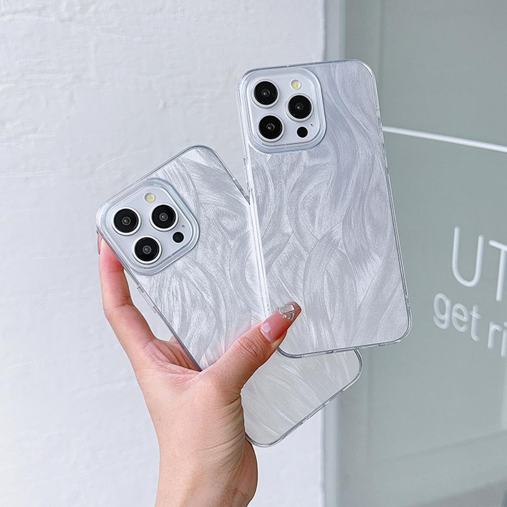 Чехол с прозрачной рамкой для Samsung S25 S24 Ultra A23 A55 A05s S21 FE iPhone 16 13 Pro Max Xiaomi Redmi Note 13 с текстурой перьев из шифона и серебряным покрытием