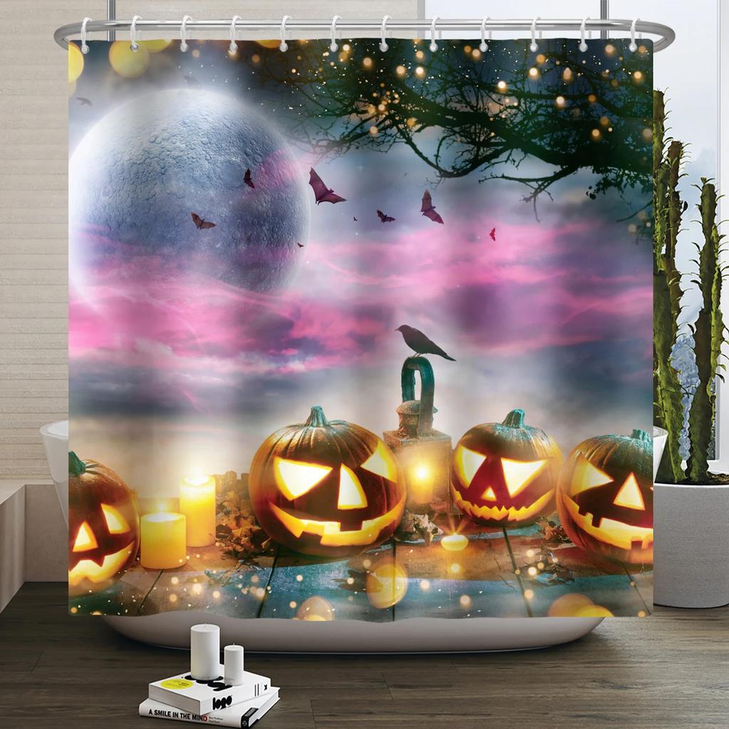 Хэллоуин Занавеска для душа Ужас Лунная ночь Тыква Череп Скелет Страшный Замок Ведьма Призрак Кладбище Водонепроницаемые Занавески для ванной