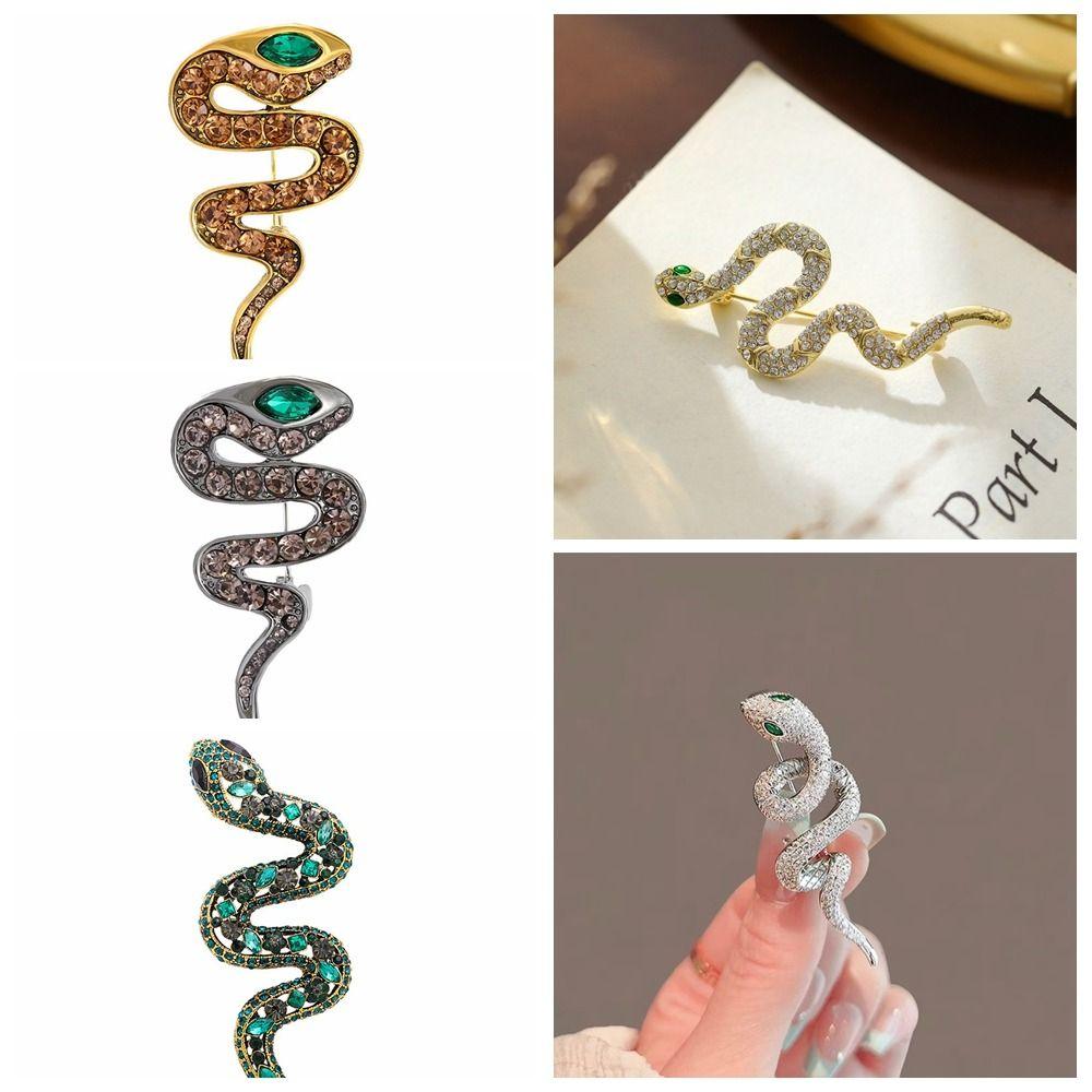 Zircon Zodiac Snake Brooch Vintage Metal Snake Lapel Pin Rhinestone Animal Collar Pins  New Year